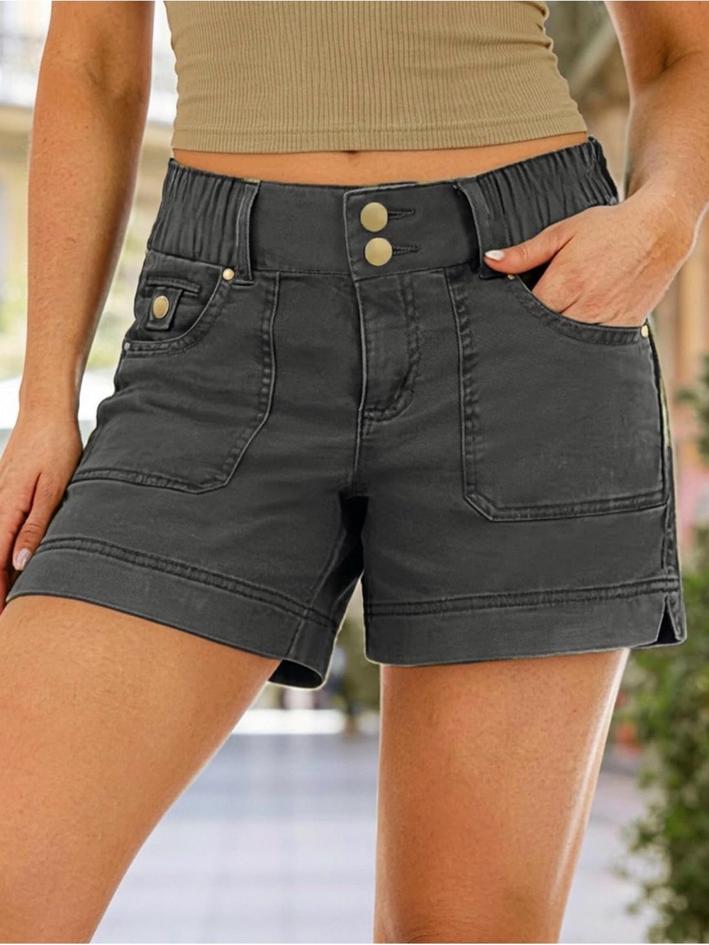 Flamingals Mid Waist Solid Split Side Flap Pocket Casual Shorts M PS7-5